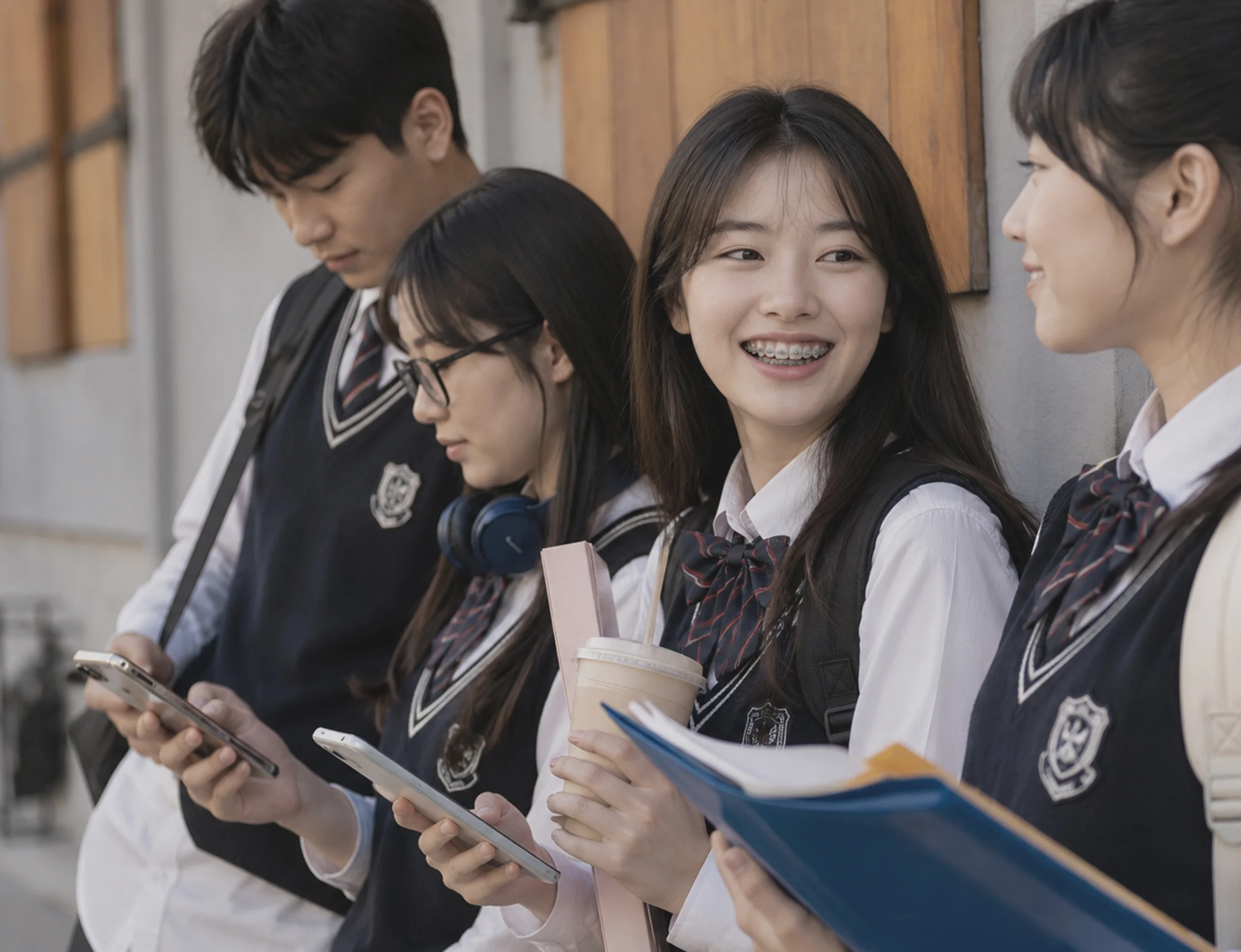 Smiling student using a digital tablet